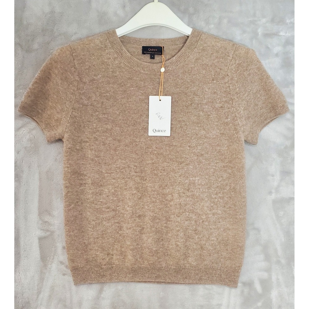 Quince Mongolian Cashmere Top Womens S Oatmeal Short Sleeve Quiet Luxury NWT